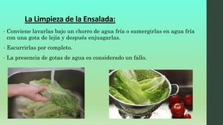 • Conviene lavarlas bajo un chorro de agua fría o sumergirlas en agua fría
con una gota de lejía y después enjuagarlas.
• Escurrirlas por completo.
• La presencia de gotas de agua es considerado un fallo.
La Limpieza de la Ensalada:
 