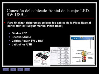Conexión del cableado frontal de la caja: LED-SW-USB,.. Para finalizar, deberemos colocar los cables de la Placa Base al panel  frontal: (Seguir manual Placa Base ) Diodos LED  Speaker/Audio Cables Power SW y RST Latiguillos USB 