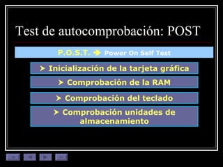 Test de autocomprobación: POST P.O.S.T.     Power On Self Test    Inicialización de la tarjeta gráfica    Comprobación de la RAM    Comprobación del teclado    Comprobación unidades de almacenamiento 
