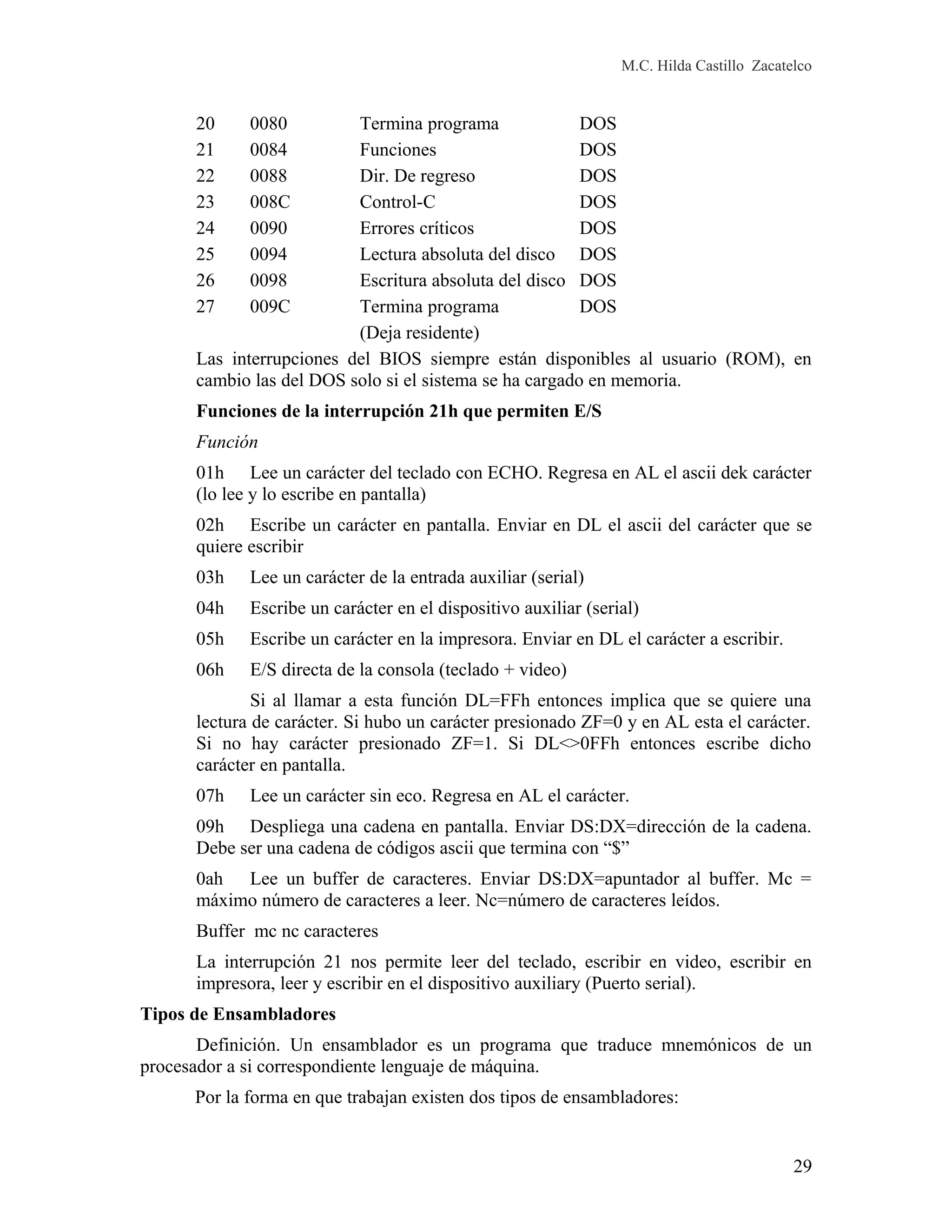 M.C. Hilda Castillo Zacatelco
20 0080 Termina programa DOS
21 0084 Funciones DOS
22 0088 Dir. De regreso DOS
23 008C Control-C DOS
24 0090 Errores críticos DOS
25 0094 Lectura absoluta del disco DOS
26 0098 Escritura absoluta del disco DOS
27 009C Termina programa DOS
(Deja residente)
Las interrupciones del BIOS siempre están disponibles al usuario (ROM), en
cambio las del DOS solo si el sistema se ha cargado en memoria.
Funciones de la interrupción 21h que permiten E/S
Función
01h Lee un carácter del teclado con ECHO. Regresa en AL el ascii dek carácter
(lo lee y lo escribe en pantalla)
02h Escribe un carácter en pantalla. Enviar en DL el ascii del carácter que se
quiere escribir
03h Lee un carácter de la entrada auxiliar (serial)
04h Escribe un carácter en el dispositivo auxiliar (serial)
05h Escribe un carácter en la impresora. Enviar en DL el carácter a escribir.
06h E/S directa de la consola (teclado + video)
Si al llamar a esta función DL=FFh entonces implica que se quiere una
lectura de carácter. Si hubo un carácter presionado ZF=0 y en AL esta el carácter.
Si no hay carácter presionado ZF=1. Si DL<>0FFh entonces escribe dicho
carácter en pantalla.
07h Lee un carácter sin eco. Regresa en AL el carácter.
09h Despliega una cadena en pantalla. Enviar DS:DX=dirección de la cadena.
Debe ser una cadena de códigos ascii que termina con “$”
0ah Lee un buffer de caracteres. Enviar DS:DX=apuntador al buffer. Mc =
máximo número de caracteres a leer. Nc=número de caracteres leídos.
Buffer mc nc caracteres
La interrupción 21 nos permite leer del teclado, escribir en video, escribir en
impresora, leer y escribir en el dispositivo auxiliary (Puerto serial).
Tipos de Ensambladores
Definición. Un ensamblador es un programa que traduce mnemónicos de un
procesador a si correspondiente lenguaje de máquina.
Por la forma en que trabajan existen dos tipos de ensambladores:
29
 