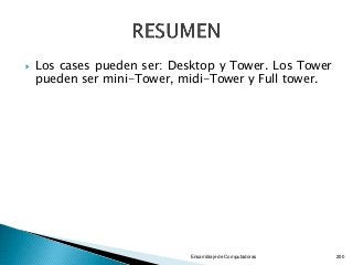 Los cases pueden ser: Desktop y Tower. Los Tower
pueden ser mini-Tower, midi-Tower y Full tower.
Ensamblaje de Computadoras 200
 