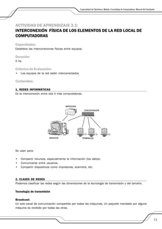 Especialidad de Electrónica. Modulo: Ensamblaje de Computadoras. Manual del Estudiante




ACTIVIDAD DE APRENDIZAJE 3.1:
INTERCONEXIÓN FÍSICA DE LOS ELEMENTOS DE LA RED LOCAL DE
COMPUTADORAS
Capacidades:
Establece las interconexiones físicas entre equipos.

Duración:
5 hs.

Criterios de Evaluación:
•   Los equipos de la red están interconectados.

Contenidos:

1. REDES INFORMÁTICAS
Es la interconexión entre dos ó más computadoras.




Se usan para:

•   Compartir recursos, especialmente la información (los datos).
•   Comunicarse entre usuarios.
•   Compartir dispositivos como impresoras, scanners, etc.



2. CLASES DE REDES
Podemos clasificar las redes según las dimensiones de la tecnología de transmisión y del tamaño.

Tecnología de transmisión

Broadcast:
Un solo canal de comunicación compartido por todas las máquinas. Un paquete mandado por alguna
máquina es recibido por todas las otras.



                                                                                                                                        51
 