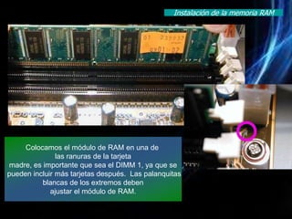 Instalación de la memoria RAM




     Colocamos el módulo de RAM en una de
               las ranuras de la tarjeta
madre, es importante que sea el DIMM 1, ya que se
pueden incluir más tarjetas después. Las palanquitas
          blancas de los extremos deben
             ajustar el módulo de RAM.
 