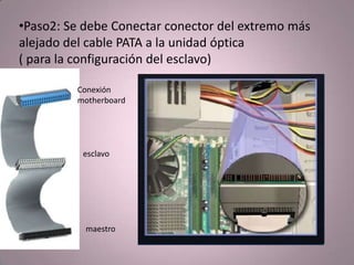•Paso2: Se debe Conectar conector del extremo más
alejado del cable PATA a la unidad óptica
( para la configuración del esclavo)

         Conexión
         motherboard




          esclavo




           maestro

                                                    40
 