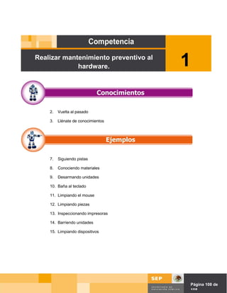 Realizar mantenimiento preventivo al
             hardware.                     1

    2.   Vuelta al pasado

    3.   Llénate de conocimientos




    7.   Siguiendo pistas

    8.   Conociendo materiales

    9.   Desarmando unidades

    10. Baña al teclado

    11. Limpiando el mouse

    12. Limpiando piezas

    13. Inspeccionando impresoras

    14. Barriendo unidades

    15. Limpiando dispositivos




                                       Página de Página 108 de
                                                 108
 