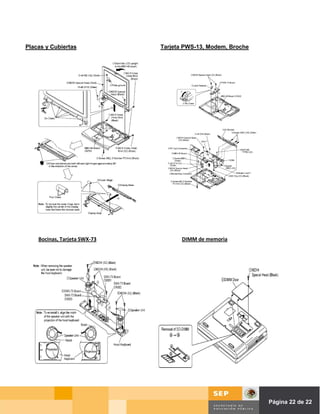 Placas y Cubiertas            Tarjeta PWS-13, Modem, Broche




    Bocinas, Tarjeta SWX-73          DIMM de memoria




                                                        Página de Página 22 de 22
 