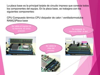 La placa base es la principal tarjeta de circuito impreso que conecta todos
los componentes del equipo. En la placa base, se trabajara con los
siguientes componentes:
CPU Compuesto térmico CPU disipador de calor / ventiladormodulos
RAM(2)Placa base
Se valida el ingreso de
la memoria es única
posición
Se asegura la
memoria RAM al slot
Se valida la
vista del
proceso
 