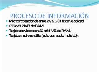 PROCESO DE INFORMACIÓN
   Mic p c s d r d e
        ro ro e a o e ntre2y 2 GHz d ve c a .
                              .5    e lo id d
   2 6o 5 MB d RAM.
     5     12      e
   Ta tad vid oc n 3 a6 MB d RAM.
      rje e e o 2 4              e
   Ta tam d s nc (s lo c n a io inc o
      rje a re e illa o o ud         luid ).
 