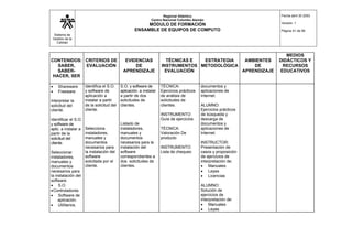 Sistema de
Gestión de la
Calidad
Regional Atlántico
Centro Nacional Colombo Alemán
MÓDULO DE FORMACIÓN
ENSAMBLE DE EQUIPOS DE COMPUTO
Fecha abril 30 2003
Versión: 1
Página 41 de 56
CONTENIDOS:
SABER,
SABER-
HACER, SER
CRITERIOS DE
EVALUACIÓN
EVIDENCIAS
DE
APRENDIZAJE
TÉCNICAS E
INSTRUMENTOS
EVALUACIÓN
ESTRATEGIA
METODOLÓGICA
AMBIENTES
DE
APRENDIZAJE
MEDIOS
DIDÁCTICOS Y
RECURSOS
EDUCATIVOS
• Shareware
• Freeware
Interpretar la
solicitud del
cliente.
Identificar el S.O.
y software de
aplic. a instalar a
partir de la
solicitud del
cliente.
Seleccionar
instaladores,
manuales y
documentos
necesarios para
la instalación del
software.
• S.O.
•Controladores
• Software de
aplicación.
• Utilitarios.
Identifica el S.O.
y software de
aplicación a
instalar a partir
de la solicitud del
cliente.
Selecciona
instaladores,
manuales y
documentos
necesarios para
la instalación del
software
solicitada por el
cliente.
S.O. y software de
aplicación. a instalar
a partir de dos
solicitudes de
clientes.
Listado de
instaladores,
manuales y
documentos
necesarios para la
instalación del
software
correspondientes a
dos solicitudes de
clientes.
TÉCNICA:
Ejercicios prácticos
de análisis de
solicitudes de
clientes.
INSTRUMENTO:
Guía de ejercicios.
TÉCNICA:
Valoración De
producto
INSTRUMENTO:
Lista de chequeo
documentos y
aplicaciones de
Internet.
ALUMNO:
Ejercicios prácticos
de búsqueda y
descarga de
documentos y
aplicaciones de
Internet.
INSTRUCTOR:
Presentación de
casos y proposición
de ejercicios de
interpretación de:
• Manuales
• Leyes
• Licencias
ALUMNO:
Solución de
ejercicios de
interpretación de:
• Manuales
• Leyes
 