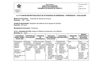 Sistema de
Gestión de la
Calidad
Regional Atlántico
Centro Nacional Colombo Alemán
MÓDULO DE FORMACIÓN
ENSAMBLE DE EQUIPOS DE COMPUTO
Fecha abril 30 2003
Versión: 1
Página 52 de 56
4.1.4 PLANEACIÓN METODOLÓGICA DE ACTIVIDADES DE ENSEÑANZA – APRENDIZAJE – EVALUACIÓN
Módulo de Formación: Ensamble de equipos de computo
Duración: 220 horas
Unidad de Aprendizaje: Integración del software de los equipos de cómputo.
Duración: 120 horas
Modalidad de Formación: Presencial
4.3.4.1 Actividad de E-A-E: Integrar el Software de Aplicación y los Utilitarios.
Duración: 20 horas
CONTENIDOS:
SABER, SABER-
HACER, SER
CRITERIOS DE
EVALUACIÓN
EVIDENCIAS
DE
APRENDIZAJE
TÉCNICAS E
INSTRUMENTOS
EVALUACIÓN
ESTRATEGIA
METODOLÓGICA
AMBIENTES
DE
APRENDIZAJE
MEDIOS
DIDÁCTICOS Y
RECURSOS
EDUCATIVOS
Procedimientos de
instalación de
software de
aplicación y
utilitarios.
Parámetros a
determinar durante
la instalación.
Tipo de fallas en la
instalación.
Identifica los
parámetros que
se determinan en
una instalación
de software de
aplicación y
utilitarios.
De conocimiento
Respuesta a
preguntas sobre:
los parámetros
que determinan
la instalación de
software de
aplicación y
utilitarios.
TÉCNICA:
Formulación de
preguntas sobre:
• Parámetros a
determinar
durante la
instalación de
software de
aplicación y
utilitarios
• Tipo de fallas en
la instalación de
software de
INSTRUCTOR:
Exposición sobre:
• Instalación de
software de
aplicación y
utilitarios
• Parámetros a
determinar en la
instalación
ALUMNO:
Elaboración de
documentos a partir
Consulta
Aula
Taller de
mantenimiento de
computadores
Libros de
Consulta sobre:
• Software de
aplicación y
utilitarios.
• Inglés técnico
• Internet
Manuales de
software de
aplicación y
utilitarios en
Español e Inglés.
 