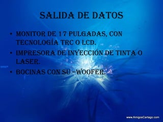 SALIDA DE DATOSMonitor de 17 pulgadas, con tecnología TRC o LCD.Impresora de inyección de tinta o laser.Bocinas con su –woofer.