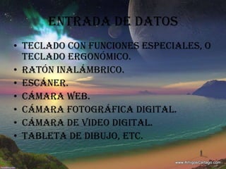 ENTRADA DE DATOSTeclado con funciones especiales, o teclado ergonómico.Ratón inalámbrico.Escáner.Cámara web.Cámara fotográfica digital.Cámara de video digital.Tableta de dibujo, etc.