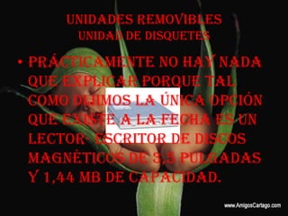 UNIDADES REMOVIBLESUNIDAD DE DISQUETESPrácticamente no hay nada que explicar porque tal como dijimos la única opción que existe a la fecha es un lector- escritor de discos magnéticos de 3,5 pulgadas y 1,44 MB de capacidad.