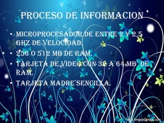 PROCESO DE INFORMACIONMicroprocesador de entre 2 y 2,5 GHZ de velocidad.256 o 512 MB de RAM.Tarjeta de video con 32 a 64 MB  de RAM.Tarjeta madre sencilla.