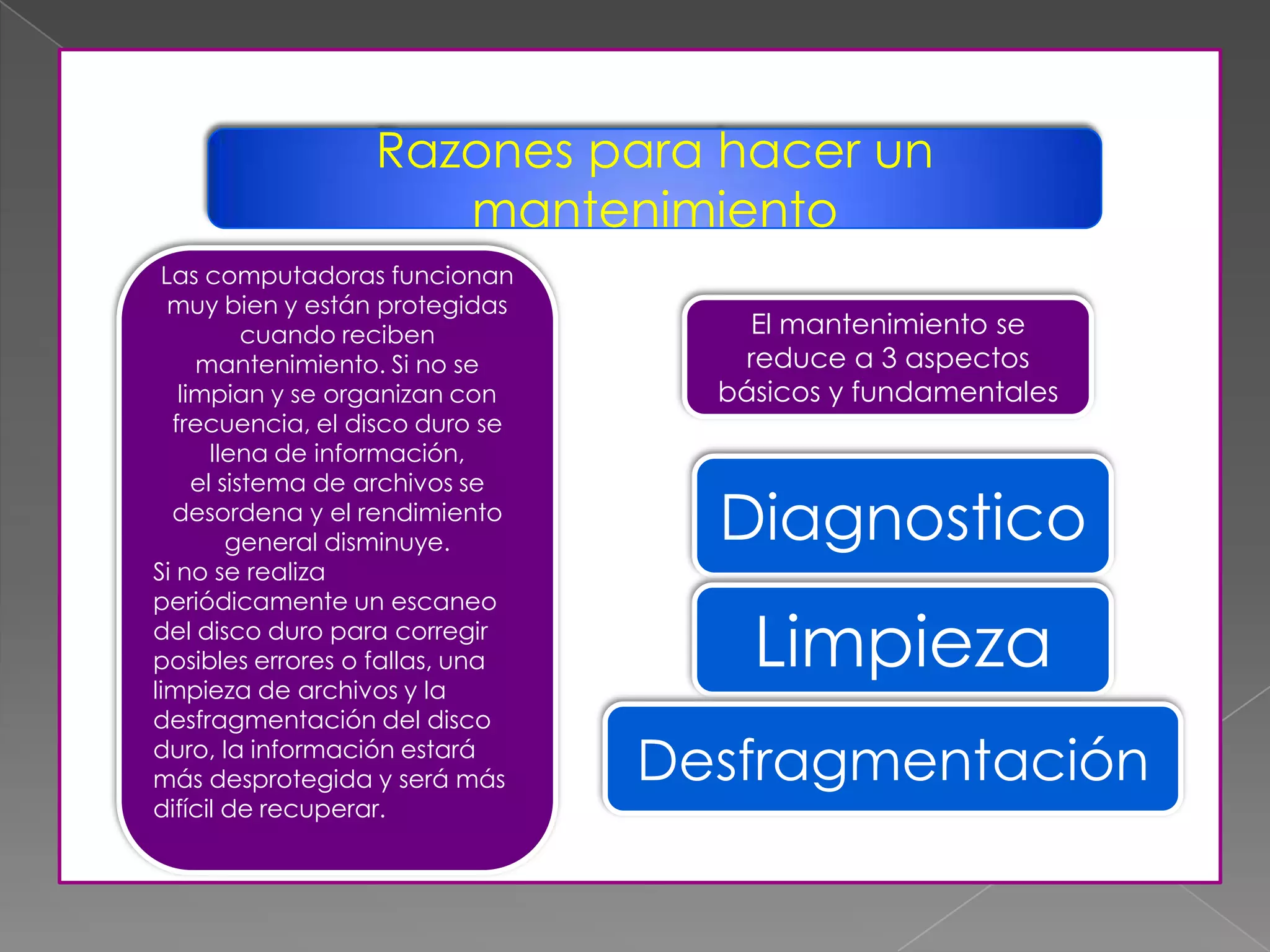 Razones para hacer un
mantenimiento
Las computadoras funcionan
muy bien y están protegidas
cuando reciben
mantenimiento. Si no se
limpian y se organizan con
frecuencia, el disco duro se
llena de información,
el sistema de archivos se
desordena y el rendimiento
general disminuye.
Si no se realiza
periódicamente un escaneo
del disco duro para corregir
posibles errores o fallas, una
limpieza de archivos y la
desfragmentación del disco
duro, la información estará
más desprotegida y será más
difícil de recuperar.
El mantenimiento se
reduce a 3 aspectos
básicos y fundamentales
Diagnostico
Limpieza
Desfragmentación
 
