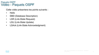 22
©2021 Cisco et/ou ses filiales. Tous droits réservés. Informations
confidentielles
Paquets OSPF
Vidéo - Paquets OSPF
Cette vidéo présentera les points suivants :
• Hello
• DBD (Database Description)
• LSR (Link-State Request)
• LSU (Link-State Update)
• LSAck (Link-State Acknowledgment)
 
