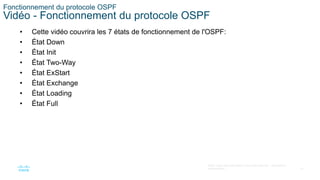 27
©2021 Cisco et/ou ses filiales. Tous droits réservés. Informations
confidentielles
Fonctionnement du protocole OSPF
Vidéo - Fonctionnement du protocole OSPF
• Cette vidéo couvrira les 7 états de fonctionnement de l'OSPF:
• État Down
• État Init
• État Two-Way
• État ExStart
• État Exchange
• État Loading
• État Full
 
