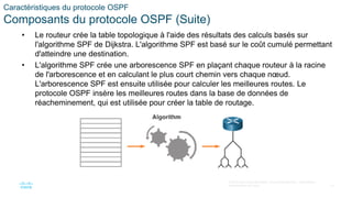 15
© 2016 Cisco et/ou ses filiales. Tous droits réservés. Informations
confidentielles de Cisco
Caractéristiques du protocole OSPF
Composants du protocole OSPF (Suite)
• Le routeur crée la table topologique à l'aide des résultats des calculs basés sur
l'algorithme SPF de Dijkstra. L'algorithme SPF est basé sur le coût cumulé permettant
d'atteindre une destination.
• L'algorithme SPF crée une arborescence SPF en plaçant chaque routeur à la racine
de l'arborescence et en calculant le plus court chemin vers chaque nœud.
L'arborescence SPF est ensuite utilisée pour calculer les meilleures routes. Le
protocole OSPF insère les meilleures routes dans la base de données de
réacheminement, qui est utilisée pour créer la table de routage.
 
