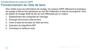 16
© 2016 Cisco et/ou ses filiales. Tous droits réservés. Informations
confidentielles de Cisco
Caractéristiques du protocole OSPF
Fonctionnement de l’état de liens
Pour mettre à jour les informations de routage, les routeurs OSPF effectuent le processus
de routage à état de liens générique qui suit afin d'atteindre un état de convergence: Voici
les étapes de routage d'état de lien qui sont effectuées par un routeur:
1. Établissement des contiguïtés de voisinage
2. Échange d'annonces à état de liens
3. Créer la base de données de l'état des liens
4. Exécution de l'algorithme SPF
5. Choisissez la meilleure route
 