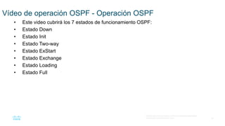 26
© 2016 Cisco y/o sus filiales. Todos los derechos reservados.
Información confidencial de Cisco
Vídeo de operación OSPF - Operación OSPF
• Este video cubrirá los 7 estados de funcionamiento OSPF:
• Estado Down
• Estado Init
• Estado Two-way
• Estado ExStart
• Estado Exchange
• Estado Loading
• Estado Full
 