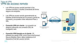 10
© 2016 Cisco y/o sus filiales. Todos los derechos reservados.
Información confidencial de Cisco.
Tipos de VPN
VPN de acceso remoto
• Las VPN de acceso remoto permiten a los
usuarios remotos y móviles conectarse de forma
segura a la empresa.
• Las VPN de acceso remoto generalmente se
habilitan dinámicamente por el usuario cuando es
necesario y se pueden crear utilizando IPsec o
SSL.
• Conexión VPN sin cliente - La conexión se
asegura utilizando una conexión SSL de
navegador web.
• Conexión VPN basada en el cliente - El
software de cliente VPN, como Cisco AnyConnect
Secure Mobility Client, debe instalarse en el
dispositivo final del usuario remoto.
 