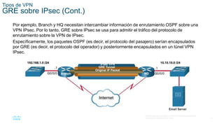 15
© 2016 Cisco y/o sus filiales. Todos los derechos reservados.
Información confidencial de Cisco.
Tipos de VPN
GRE sobre IPsec (Cont.)
Por ejemplo, Branch y HQ necesitan intercambiar información de enrutamiento OSPF sobre una
VPN IPsec. Por lo tanto, GRE sobre IPsec se usa para admitir el tráfico del protocolo de
enrutamiento sobre la VPN de IPsec.
Específicamente, los paquetes OSPF (es decir, el protocolo del pasajero) serían encapsulados
por GRE (es decir, el protocolo del operador) y posteriormente encapsulados en un túnel VPN
IPsec.
 