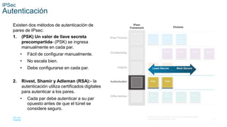 27
© 2016 Cisco y/o sus filiales. Todos los derechos reservados.
Información confidencial de Cisco.
IPSec
Autenticación
Existen dos métodos de autenticación de
pares de IPsec:
1. (PSK) Un valor de llave secreta
precompartida- (PSK) se ingresa
manualmente en cada par.
• Fácil de configurar manualmente.
• No escala bien.
• Debe configurarse en cada par.
2. Rivest, Shamir y Adleman (RSA):- la
autenticación utiliza certificados digitales
para autenticar a los pares.
• Cada par debe autenticar a su par
opuesto antes de que el túnel se
considere seguro.
 