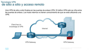 6
© 2016 Cisco y/o sus filiales. Todos los derechos reservados.
Información confidencial de Cisco.
Tecnología VPN
de sitio a sitio y acceso remoto
Una VPN de sitio a sitio finaliza en las puertas de enlace VPN. El tráfico VPN solo se cifra entre
las puertas de enlace. Los hosts internos no tienen conocimiento de que se está utilizando una
VPN.
 
