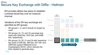 28
© 2016 Cisco and/or its affiliates. All rights reserved. Cisco Confidential
IPSec
Secure Key Exchange with Diffie - Hellman
DH provides allows two peers to establish
a shared secret key over an insecure
channel.
Variations of the DH key exchange are
specified as DH groups:
• DH groups 1, 2, and 5 should no longer be
used.
• DH groups 14, 15, and 16 use larger key
sizes with 2048 bits, 3072 bits, and 4096
bits, respectively
• DH groups 19, 20, 21 and 24 with respective
key sizes of 256 bits, 384 bits, 521 bits, and
2048 bits support Elliptical Curve
Cryptography (ECC), which reduces the
time needed to generate keys.
 