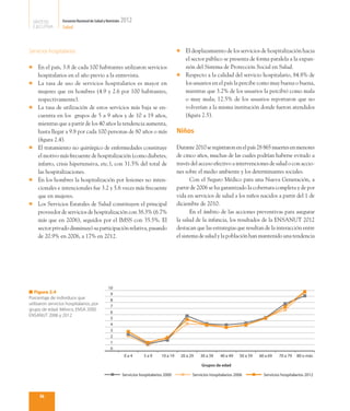 SÍNTESIS        Encuesta Nacional de Salud y Nutrición   2012
  EJECUTIVA       Salud



Servicios hospitalarios                                                                    l	 El desplazamiento de los servicios de hospitalización hacia
                                                                                              el sector público se presenta de forma paralela a la expan-
l	   En el país, 3.8 de cada 100 habitantes utilizaron servicios                              sión del Sistema de Protección Social en Salud.
     hospitalarios en el año previo a la entrevista.                                       l	 Respecto a la calidad del servicio hospitalario, 84.8% de
l	   La tasa de uso de servicios hospitalarios es mayor en                                    los usuarios en el país la percibe como muy buena o buena,
     mujeres que en hombres (4.9 y 2.6 por 100 habitantes,                                    mientras que 3.2% de los usuarios la percibió como mala
     respectivamente).                                                                        o muy mala; 12.5% de los usuarios reportaron que no
l	   La tasa de utilización de estos servicios más baja se en-                                volverían a la misma institución donde fueron atendidos
     cuentra en los grupos de 5 a 9 años y de 10 a 19 años,                                   (figura 2.5).
     mientras que a partir de los 40 años la tendencia aumenta,
     hasta llegar a 9.8 por cada 100 personas de 80 años o más                             Niños
     (figura 2.4).
l	   El tratamiento no quirúrgico de enfermedades constituye                               Durante 2010 se registraron en el país 28 865 muertes en menores
     el motivo más frecuente de hospitalización (como diabetes,                            de cinco años, muchas de las cuales podrían haberse evitado a
     infarto, crisis hipertensiva, etc.), con 31.5% del total de                           través del acceso efectivo a intervenciones de salud o con accio-
     las hospitalizaciones.                                                                nes sobre el medio ambiente y los determinantes sociales.
l	   En los hombres la hospitalización por lesiones no inten-                              	      Con el Seguro Médico para una Nueva Generación, a
     cionales e intencionales fue 3.2 y 5.6 veces más frecuente                            partir de 2006 se ha garantizado la cobertura completa y de por
     que en mujeres.                                                                       vida en servicios de salud a los niños nacidos a partir del 1 de
l	   Los Servicios Estatales de Salud constituyen el principal                             diciembre de 2010.
     proveedor de servicios de hospitalización con 38.3% (6.7%                             	      En el ámbito de las acciones preventivas para asegurar
     más que en 2006), seguidos por el IMSS con 35.5%. El                                  la salud de la infancia, los resultados de la ENSANUT 2012
     sector privado disminuyó su participación relativa, pasando                           destacan que las estrategias que resultan de la interacción entre
     de 20.9% en 2006, a 17% en 2012.                                                      el sistema de salud y la población han mantenido una tendencia




                                                10
■ Figura 2.4                                     9
Porcentaje de individuos que                     8
utilizaron servicios hospitalarios, por          7
grupo de edad. México, ENSA 2000
                                                 6
ENSANUT 2006 y 2012
                                                 5
                                                 4
                                                 3
                                                 2
                                                 1
                                                 0
                                                            0a4        5a9       10 a 19    20 a 29   30 a 39    40 a 49    50 a 59   60 a 69   70 a 79   80 o más

                                                                                                       Grupos de edad

                                                           Servicios hospitalarios 2000           Servicios hospitalarios 2006          Servicios hospitalarios 2012




      14
 