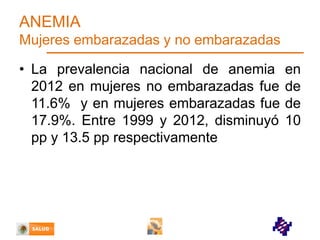 ANEMIA
Mujeres embarazadas y no embarazadas

• La prevalencia nacional de anemia
2012 en mujeres no embarazadas fue
11.6% y en mujeres embarazadas fue
17.9%. Entre 1999 y 2012, disminuyó
pp y 13.5 pp respectivamente

en
de
de
10

 