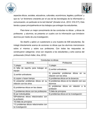 aspectos éticos, sociales, educativos, culturales, económicos, legales y políticos” y
que es “un fenómeno creciente por el uso de las tecnologías de la información y
comunicación, en particular en la red Internet” (Amador et al., 2012: 316-317). Esto
tiende a pasar principalmente en los trabajos que entregan los estudiantes.
Para tener un mejor conocimiento de las conductas no éticas y éticas de
profesores y alumnos, se presenta un cuadro con la información que brindaron
alumnos por medio de una investigación;
Se diseñó y aplicó un cuestionario a una muestra de 508 estudiantes. Se
indagó directamente acerca de acciones no éticas que los alumnos mencionaron
sobre sí mismos y sobre sus profesores. Con todas las respuestas se
construyeron categorías: once con respecto a los estudiantes y ocho acerca del
profesorado (Hirsch Adler, Ana, 2012)
Conductas no éticas
Alumnos Profesores
1) plagio 1) plagio
2) falta de espíritu para trabajar en
equipo
2) exhibir antivalores
3) exhibir antivalores
3) presentar problemas éticos en su
relación con los otros
4) copiar o hacer trampa 4) problemas éticos en la docencia
5) presentar problemas éticos en su
relación con los otros
5) problemas éticos en la relación con sus
alumnos
6) problemas éticos en las clases
6) problemas éticos en relación a la
profesión
7) problemas éticos con los profesores 7) falta de principios
8) ser individualista 8) problemas éticos en la investigación
9)Problemas éticos relacionados con
la profesión
10) falta de principios
11) problemas éticos relacionados con
la investigación
 