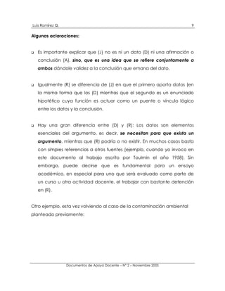 Luis Ramírez Q.                                                           9

Algunas aclaraciones:


!   Es importante explicar que (J) no es ni un dato (D) ni una afirmación o
    conclusión (A), sino, que es una idea que se refiere conjuntamente a
    ambos dándole validez a la conclusión que emana del dato.


!   Igualmente (R) se diferencia de (J) en que el primero aporta datos (en
    la misma forma que los (D) mientras que el segundo es un enunciado
    hipotético cuya función es actuar como un puente o vínculo lógico
    entre los datos y la conclusión.


!   Hay una gran diferencia entre (D) y (R): Los datos son elementos
    esenciales del argumento, es decir, se necesitan para que exista un
    argumento, mientras que (R) podría o no existir. En muchos casos basta
    con simples referencias a otras fuentes (ejemplo, cuando yo invoco en
    este documento al trabajo escrito por Toulmin el año 1958). Sin
    embargo, puede decirse que es fundamental para un ensayo
    académico, en especial para uno que será evaluado como parte de
    un curso u otra actividad docente, el trabajar con bastante detención
    en (R).


Otro ejemplo, esta vez volviendo al caso de la contaminación ambiental
planteado previamente:




                  Documentos de Apoyo Docente – N° 2 – Noviembre 2005
 