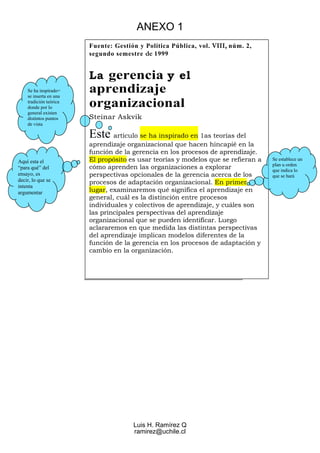 ANEXO 1
                        Fuente: Gestión y Política Pública, vol. VIII, núm. 2,
                        segundo semestre de 1999


                        La gerencia y el
    Se ha inspirado=
    se inserta en una
                        aprendizaje
    tradición teórica
    donde por lo        organizacional
    general existen
    distintos puntos    Steinar Askvik
    de vista

                        Este artículo se ha inspirado en 1as teorías del
                        aprendizaje organizacional que hacen hincapié en la
                        función de la gerencia en los procesos de aprendizaje.
Aquí esta el            El propósito es usar teorías y modelos que se refieran a   Se establece un
                                                                                   plan u orden
“para qué” del          cómo aprenden las organizaciones a explorar                que indica lo
ensayo, es              perspectivas opcionales de la gerencia acerca de los       que se hará
decir, lo que se        procesos de adaptación organizacional. En primer
intenta
argumentar              lugar, examinaremos qué significa el aprendizaje en
                        general, cuál es la distinción entre procesos
                        individuales y colectivos de aprendizaje, y cuáles son
                        las principales perspectivas del aprendizaje
                        organizacional que se pueden identificar. Luego
                        aclararemos en que medida las distintas perspectivas
                        del aprendizaje implican modelos diferentes de la
                        función de la gerencia en los procesos de adaptación y
                        cambio en la organización.




                                      Luis H. Ramírez Q
                                      ramirez@uchile.cl
 