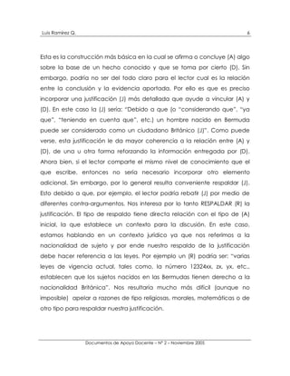 Luis Ramírez Q.                                                            6




Esta es la construcción más básica en la cual se afirma o concluye (A) algo
sobre la base de un hecho conocido y que se toma por cierto (D). Sin
embargo, podría no ser del todo claro para el lector cual es la relación
entre la conclusión y la evidencia aportada. Por ello es que es preciso
incorporar una justificación (J) más detallada que ayude a vincular (A) y
(D). En este caso la (J) sería: “Debido a que (o “considerando que”, “ya
que”, “teniendo en cuenta que”, etc.) un hombre nacido en Bermuda
puede ser considerado como un ciudadano Británico (J)”. Como puede
verse, esta justificación le da mayor coherencia a la relación entre (A) y
(D), de una u otra forma reforzando la información entregada por (D).
Ahora bien, si el lector comparte el mismo nivel de conocimiento que el
que escribe, entonces no sería necesario incorporar otro elemento
adicional. Sin embargo, por lo general resulta conveniente respaldar (J).
Esto debido a que, por ejemplo, el lector podría rebatir (J) por medio de
diferentes contra-argumentos. Nos interesa por lo tanto RESPALDAR (R) la
justificación. El tipo de respaldo tiene directa relación con el tipo de (A)
inicial, la que establece un contexto para la discusión. En este caso,
estamos hablando en un contexto jurídico ya que nos referimos a la
nacionalidad de sujeto y por ende nuestro respaldo de la justificación
debe hacer referencia a las leyes. Por ejemplo un (R) podría ser: “varias
leyes de vigencia actual, tales como, la número 12324xx, zx, yx, etc.,
establecen que los sujetos nacidos en las Bermudas tienen derecho a la
nacionalidad Británica”. Nos resultaría mucho más difícil (aunque no
imposible) apelar a razones de tipo religiosas, morales, matemáticas o de
otro tipo para respaldar nuestra justificación.




                  Documentos de Apoyo Docente – N° 2 – Noviembre 2005
 