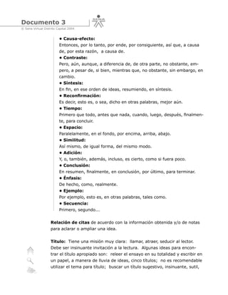 Documento 3
© Sena Virtual Distrito Capital 2004


                         • Causa-efecto:
                         Entonces, por lo tanto, por ende, por consiguiente, así que, a causa
                         de, por esta razón, a causa de.
                         • Contraste:
                         Pero, aún, aunque, a diferencia de, de otra parte, no obstante, em-
                         pero, a pesar de, si bien, mientras que, no obstante, sin embargo, en
                         cambio.
                         • Síntesis:
                         En fin, en ese orden de ideas, resumiendo, en síntesis.
                         • Reconfirmación:
                         Es decir, esto es, o sea, dicho en otras palabras, mejor aún.
                         • Tiempo:
                         Primero que todo, antes que nada, cuando, luego, después, finalmen-
                         te, para concluir.
                         • Espacio:
                         Paralelamente, en el fondo, por encima, arriba, abajo.
                         • Similitud:
                         Así mismo, de igual forma, del mismo modo.
                         • Adición:
                         Y, o, también, además, incluso, es cierto, como si fuera poco.
                         • Conclusión:
                         En resumen, finalmente, en conclusión, por último, para terminar.
                         • Énfasis:
                         De hecho, como, realmente.
                         • Ejemplo:
                         Por ejemplo, esto es, en otras palabras, tales como.
                         • Secuencia:
                         Primero, segundo...


                   Relación de citas de acuerdo con la información obtenida y/o de notas
                   para aclarar o ampliar una idea.


                   Título: Tiene una misión muy clara: llamar, atraer, seducir al lector.
                   Debe ser insinuante invitación a la lectura. Algunas ideas para encon-
                   trar el título apropiado son: releer el ensayo en su totalidad y escribir en
                   un papel, a manera de lluvia de ideas, cinco títulos; no es recomendable
                   utilizar el tema para título; buscar un título sugestivo, insinuante, sutil,
 