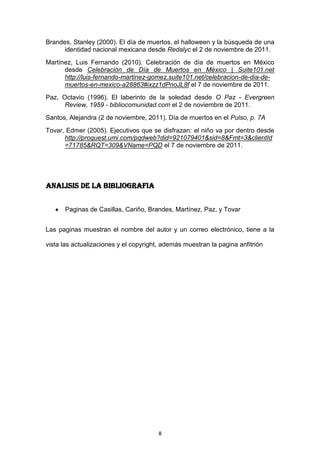 Brandes, Stanley (2000). El día de muertos, el halloween y la búsqueda de una
      identidad nacional mexicana desde Redalyc el 2 de noviembre de 2011.
Martínez, Luis Fernando (2010). Celebración de día de muertos en México
      desde Celebración de Día de Muertos en México | Suite101.net
      http://luis-fernando-martinez-gomez.suite101.net/celebracion-de-dia-de-
      muertos-en-mexico-a28863#ixzz1dPnoJL8f el 7 de noviembre de 2011.
Paz, Octavio (1996). El laberinto de la soledad desde O Paz - Evergreen
      Review, 1959 - bibliocomunidad.com el 2 de noviembre de 2011.
Santos, Alejandra (2 de noviembre, 2011). Día de muertos en el Pulso, p. 7A
Tovar, Edmer (2005). Ejecutivos que se disfrazan: el niño va por dentro desde
      http://proquest.umi.com/pqdweb?did=921079401&sid=8&Fmt=3&clientId
      =71785&RQT=309&VName=PQD el 7 de noviembre de 2011.




ANALISIS DE LA BIBLIOGRAFIA


      Paginas de Casillas, Cariño, Brandes, Martínez, Paz, y Tovar


Las paginas muestran el nombre del autor y un correo electrónico, tiene a la

vista las actualizaciones y el copyright, además muestran la pagina anfitrión




                                        8
 