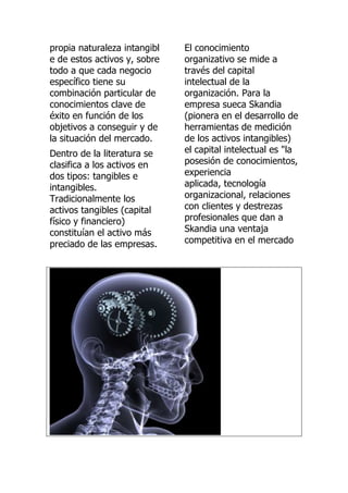 propia naturaleza intangibl   El conocimiento
e de estos activos y, sobre   organizativo se mide a
todo a que cada negocio       través del capital
específico tiene su           intelectual de la
combinación particular de     organización. Para la
conocimientos clave de        empresa sueca Skandia
éxito en función de los       (pionera en el desarrollo de
objetivos a conseguir y de    herramientas de medición
la situación del mercado.     de los activos intangibles)
Dentro de la literatura se    el capital intelectual es "la
clasifica a los activos en    posesión de conocimientos,
dos tipos: tangibles e        experiencia
intangibles.                  aplicada, tecnología
Tradicionalmente los          organizacional, relaciones
activos tangibles (capital    con clientes y destrezas
físico y financiero)          profesionales que dan a
constituían el activo más     Skandia una ventaja
preciado de las empresas.     competitiva en el mercado
 