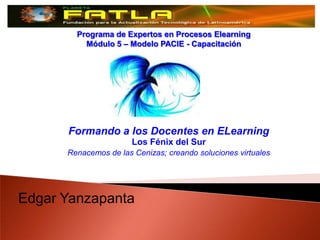 Programa de Expertos en Procesos Elearning
          Módulo 5 – Modelo PACIE - Capacitación




      Formando a los Docentes en ELearning
                       Los Fénix del Sur
      Renacemos de las Cenizas; creando soluciones virtuales




Edgar Yanzapanta
 