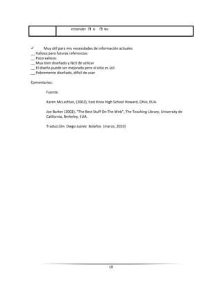 entender  Sí     No




        Muy útil para mis necesidades de información actuales
__ Valioso para futuras referencias
__ Poco valioso.
__ Muy bien diseñado y fácil de utilizar
__ El diseño puede ser mejorado pero el sitio es útil
__ Pobremente diseñado, difícil de usar

Comentarios:

         Fuente:

         Karen McLachlan, (2002), East Knox High School Howard, Ohio, EUA.

         Joe Barker (2002), “The Best Stuff On The Web”, The Teaching Library, University de
         California, Berkeley, EUA.

         Traducción: Diego Juárez Bolaños (marzo, 2010)




                                                10
 