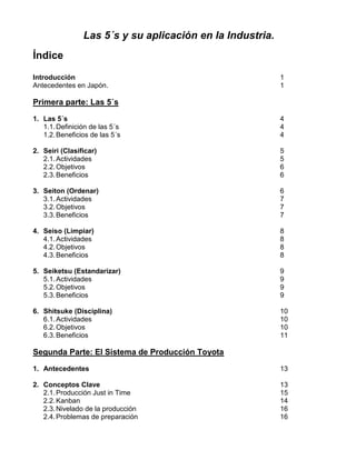 Las 5´s y su aplicación en la Industria.
Índice
Introducción 1
Antecedentes en Japón. 1
Primera parte: Las 5´s
1. Las 5´s 4
1.1.Definición de las 5´s 4
1.2.Beneficios de las 5´s 4
2. Seiri (Clasificar) 5
2.1.Actividades 5
2.2.Objetivos 6
2.3.Beneficios 6
3. Seiton (Ordenar) 6
3.1.Actividades 7
3.2.Objetivos 7
3.3.Beneficios 7
4. Seiso (Limpiar) 8
4.1.Actividades 8
4.2.Objetivos 8
4.3.Beneficios 8
5. Seiketsu (Estandarizar) 9
5.1.Actividades 9
5.2.Objetivos 9
5.3.Beneficios 9
6. Shitsuke (Disciplina) 10
6.1.Actividades 10
6.2.Objetivos 10
6.3.Beneficios 11
Segunda Parte: El Sistema de Producción Toyota
1. Antecedentes 13
2. Conceptos Clave 13
2.1.Producción Just in Time 15
2.2.Kanban 14
2.3.Nivelado de la producción 16
2.4.Problemas de preparación 16
 