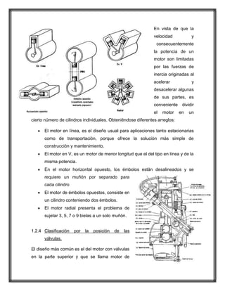 En vista de que la
velocidad

y

consecuentemente
la potencia de un
motor son limitadas
por las fuerzas de
inercia originadas al
acelerar

y

desacelerar algunas
de sus partes, es
conveniente
el

motor

dividir
en

un

cierto número de cilindros individuales. Obteniéndose diferentes arreglos:
El motor en línea, es el diseño usual para aplicaciones tanto estacionarias
como de transportación, porque ofrece la solución más simple de
construcción y mantenimiento.
El motor en V, es un motor de menor longitud que el del tipo en línea y de la
misma potencia.
En el motor horizontal opuesto, los émbolos están desalineados y se
requiere un muñón por separado para
cada cilindro
El motor de émbolos opuestos, consiste en
un cilindro conteniendo dos émbolos.
El motor radial presenta el problema de
sujetar 3, 5, 7 o 9 bielas a un solo muñón.

1.2.4 Clasificación

por

la

posición

de

las

válvulas.
El diseño más común es el del motor con válvulas
en la parte superior y que se llama motor de

 
