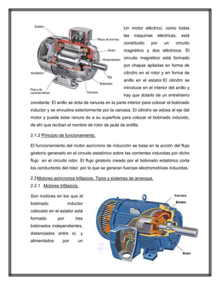 Un motor eléctrico, como todas
las

maquinas

constituido

eléctricas,

por

un

está

circuito

magnético y dos eléctricos. El
circuito magnético está formado
por chapas apiladas en forma de
cilindro en el rotor y en forma de
anillo en el estator.El cilindro se
introduce en el interior del anillo y
hay que dotarlo de un entrehierro
constante. El anillo se dota de ranuras en la parte interior para colocar el bobinado
inductor y se envuelve exteriormente por la carcasa. El cilindro se adosa al eje del
motor y puede estar ranura do a su superficie para colocar el bobinado inducido,
de ahí que reciban el nombre de rotor de jaula de ardilla.
2.1.2 Principio de funcionamiento.
El funcionamiento del motor asíncrono de inducción se basa en la acción del flujo
giratorio generado en el circuito estatórico sobre las corrientes inducidas por dicho
flujo en el circuito rotor. El flujo giratorio creado por el bobinado estatórico corta
los conductores del rotor, por lo que se generan fuerzas electromotrices inducidas.
2.2 Motores asíncronos trifásicos. Tipos y sistemas de arranque.
2.2.1 Motores trifásicos.
Son motores en los que el
bobinado

inductor

colocado en el estator está
formado

por

tres

bobinados independientes,
distanciados entre sí, y
alimentados

por

un

 