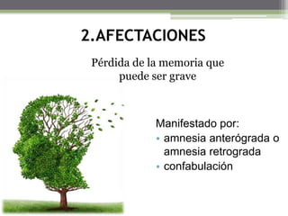 2.AFECTACIONES
Pérdida de la memoria que
puede ser grave

Manifestado por:
• amnesia anterógrada o
amnesia retrograda
• confabulación

 