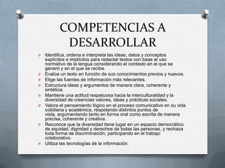COMPETENCIAS A
DESARROLLAR
O Identifica, ordena e interpreta las ideas, datos y conceptos
explícitos e implícitos para redactar textos con base al uso
normativo de la lengua considerando el contexto en el que se
generó y en el que se recibe.
O Evalúa un texto en función de sus conocimientos previos y nuevos.
O Elige las fuentes de información más relevantes.
O Estructura ideas y argumentos de manera clara, coherente y
sintética.
O Mantiene una actitud respetuosa hacia la interculturalidad y la
diversidad de creencias valores, ideas y prácticas sociales.
O Valora el pensamiento lógico en el proceso comunicativo en su vida
cotidiana y académica, respetando distintos puntos de
vista, argumentando tanto en forma oral como escrita de manera
precisa, coherente y creativa.
O Reconoce que la diversidad tiene lugar en un espacio democrático
de equidad, dignidad y derechos de todas las personas, y rechaza
toda forma de discriminación, participando en el trabajo
colaborativo.
O Utiliza las tecnologías de la información.
 