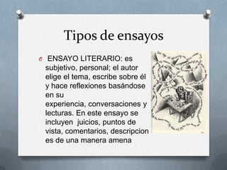 Tipos de ensayos
O ENSAYO LITERARIO: es
subjetivo, personal; el autor
elige el tema, escribe sobre él
y hace reflexiones basándose
en su
experiencia, conversaciones y
lecturas. En este ensayo se
incluyen juicios, puntos de
vista, comentarios, descripcion
es de una manera amena
 