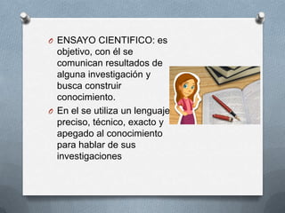 O ENSAYO CIENTIFICO: es
objetivo, con él se
comunican resultados de
alguna investigación y
busca construir
conocimiento.
O En el se utiliza un lenguaje
preciso, técnico, exacto y
apegado al conocimiento
para hablar de sus
investigaciones
 