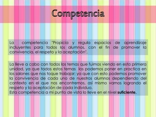 La competencia "Propicia y regula espacios de aprendizaje
incluyentes para todos los alumnos, con el fin de promover la
convivencia, el respeto y la aceptación".
La lleve a cabo con todos los temas que fuimos viendo en esta primera
unidad, ya que todos estos temas los podemos poner en practica en
los salones que nos toque trabajar; ya que con esto podemos promover
la convivencia de cada uno de nuestros alumnos dependiendo del
contexto en el que nos encontremos, así mismo vamos logrando el
respeto y la aceptación de cada individuo.
Esta competencia a mi punto de vista lo lleve en el nivel suficiente.
 