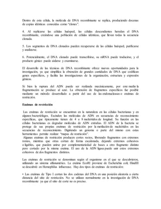 Dentro de esta célula, la molécula de DNA recombinante se replica, produciendo docenas
de copias idénticas conocidas como “clones”.
4. Al replicarse las células huésped, las células descendientes heredan el DNA
recombinante, creándose una población de células idénticas, que llevan todas la secuencia
clonada.
5. Los segmentos de DNA clonados pueden recuperarse de las células huésped, purificarse
y analizarse.
6. Potencialmente, el DNA clonado puede transcribirse, su mRNA puede traducirse, y el
producto génico puede aislarse y examinarse.
El desarrollo de las técnicas de DNA recombinante ofrece nuevas oportunidades para la
investigación, ya que simplifica la obtención de grandes cantidades de DNA que codifican
genes específicos, y facilita las investigaciones de la organización, estructura y expresión
génicas.
Si bien la ruptura del ADN puede ser realizada mecánicamente, por este medio la
fragmentación se produce al azar. La obtención de fragmentos específicos fue posible
mediante un método desarrollado a partir del uso de las endonucleasas o enzimas de
restricción.
Enzimas de restricción
Las enzimas de restricción se encuentran en la naturaleza en las células bacterianas y en
algunos bacteriófagos. Escinden las moléculas de ADN en secuencias de reconocimiento
específicas, que típicamente tienen de 4 a 8 nucleótidos de longitud. Su función en las
células bacterianas es degradar moléculas de ADN extrañas. El ADN de la bacteria se
protege de sus propias enzimas de restricción por la metilación de nucleótidos en las
secuencias de reconocimiento. Digiriendo un genoma o parte del mismo con estas
herramientas permite realizar “mapas de restricción”.
Algunas enzimas de restricción producen cortes rectos, liberando fragmentos con extremos
romos, mientras que otras cortan de forma escalonada, dejando extremos cohesivos
o ligables, que pueden unirse por complementariedad de bases a otro fragmento distinto
pero cortado por la misma enzima. El uso de la ADN ligasa puede unir estos extremos
cohesivos de dos fragmentos distintos.
Las enzimas de restricción se denominan según el organismo en el que se descubrieron,
utilizando un sistema alfanumérico. La enzima EcoRI proviene de Escherichia coli; HindIII
se descubrió en Hemophilus influenzae. Hay dos tipos de enzimas de restricción:
• Las enzimas de Tipo I cortan las dos cadenas del DNA en una posición aleatoria a cierta
distancia del sitio de restricción. No se utilizan normalmente en la investigación de DNA
recombinante ya que el sitio de corte no es preciso.
 
