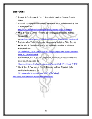 12
Bibliografía:
 Baynes J, Dominiczak M. (2011). Bioquímica médica. España: Gráficas
Muriel.
 ALAD (2009) Diagnostico, control y tratamiento de la diabetes mellitus tipo
2. Recuperado de:
http://www.aladlatinoamerica.org/phocadownload/guias%20alad.pdf
 Mara J. Relas E. (2001) Programa de acción para la diabetes mellitus.
Recuperado
de:http://www.salud.gob.mx/unidades/cdi/documentos/diabetes_mellitus.pdf
 Diabetes atlas (2000). Federación internacional diabética. EUA: Georgia.
 INEGI (2011). Estadísticas a propósito del día mundial de la diabetes.
Recuperado de :
http://www.inegi.org.mx/inegi/contenidos/espanol/prensa/contenidos/estadis
ticas/2013/diabetes0.pdf
 Farmer ndrew, Fox R. (2011) Diagnostico, clasificación y tratamiento de la
diabetes. Recuperado de:
http://www.intramed.net/contenidover.asp?contenidoID=73143&uid=445164
 Hernández M. Reynoso N. (2013). Diabetes mellitus. El estado de la
epidemia. Recuperado de:
http://www.scielosp.org/pdf/spm/v55s2/v55s2a9.pdf
www.idf.org/diabetesatlas/5e/es/que-es-la-diabetes
 